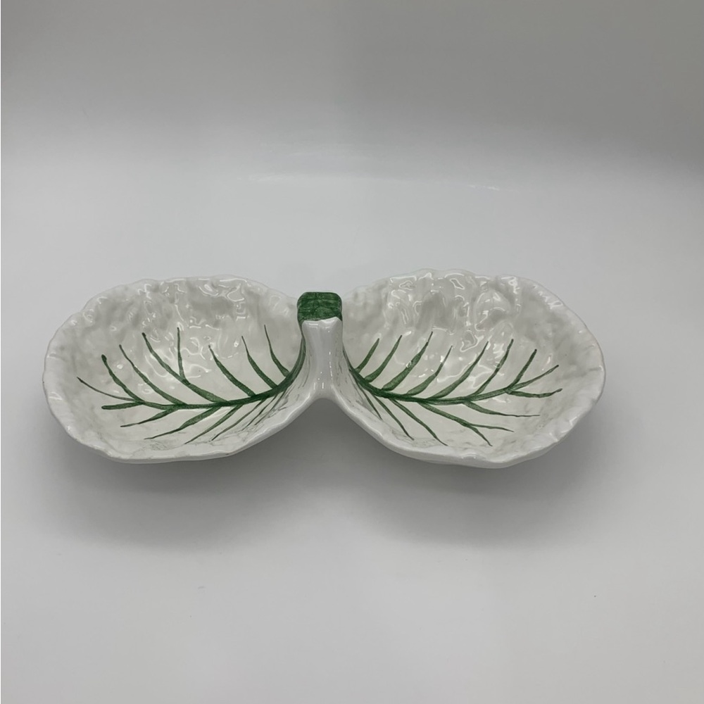 Veg.Majolica Portuguese White & Green Cabbage 2 Leaves Divided Serving Dish Bowl